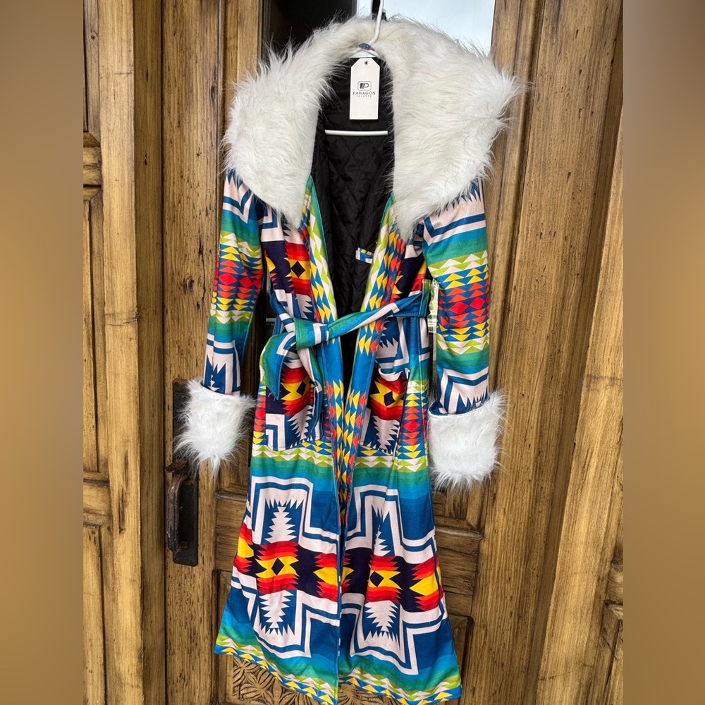 Fur hood & cuffs western Aztec quilted lined women trench coat